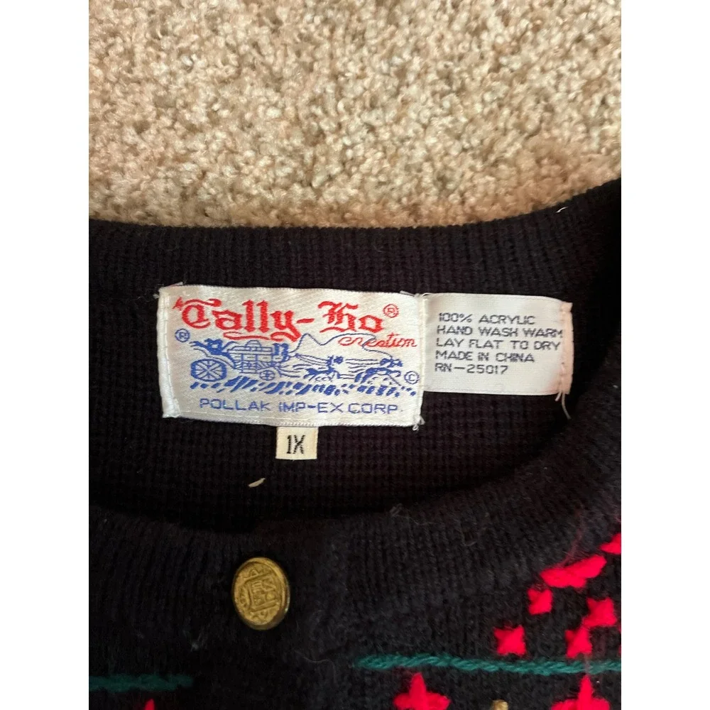 Tally-Ho Women Cardigan Sweater XL Black Embroidered Floral Button Front Vintage